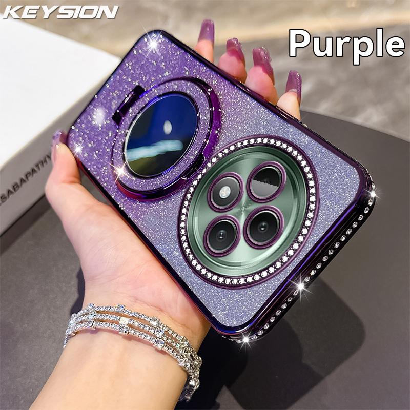 KEYSION Luxury Glitter Jewelled Magnetic Phone Case for OPPO Reno12 F 5G Makeup Mirror Stand Shockproof Cover for OPPO Reno 12F