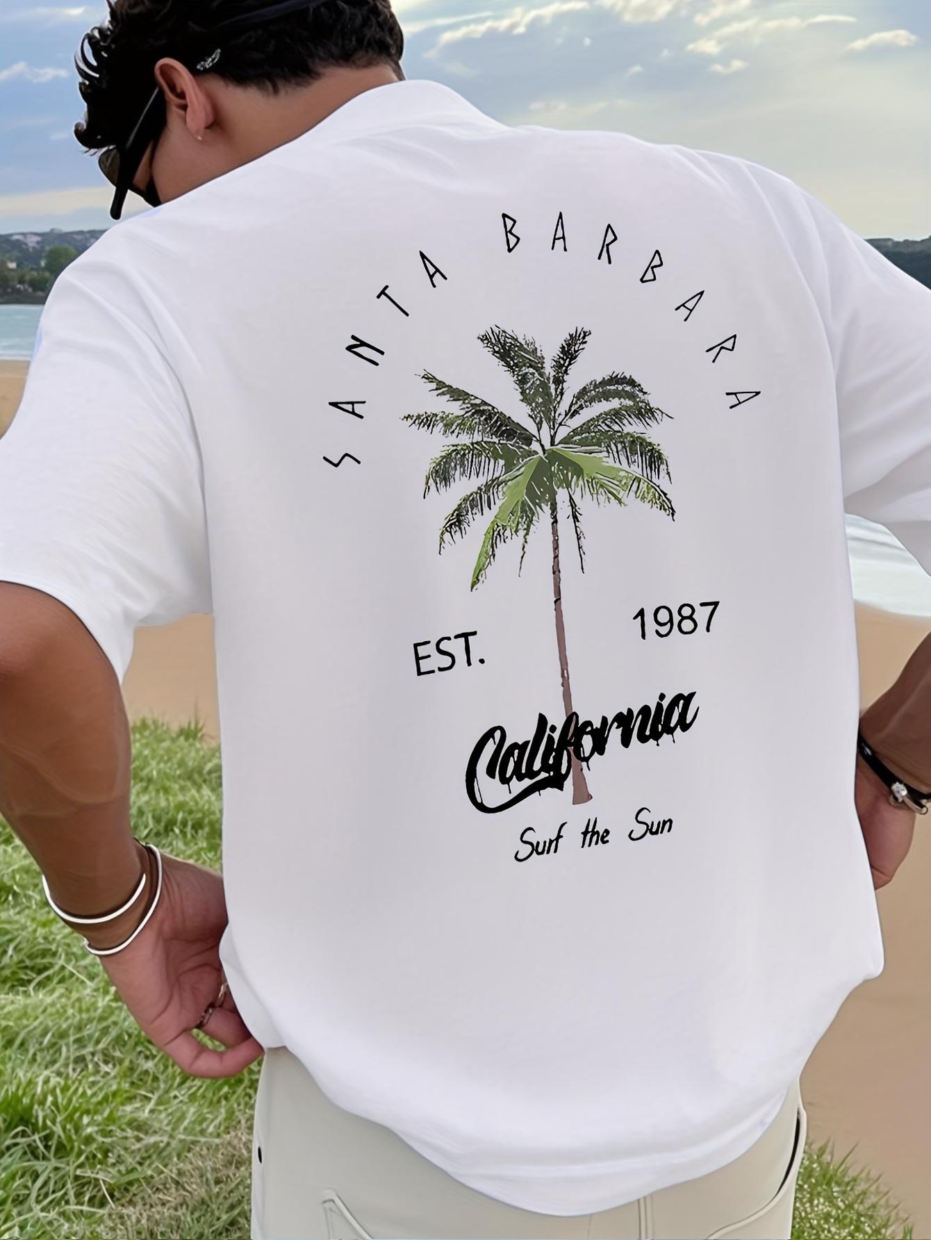New Mens Vacation Coconut Tree Letter Printed Comfortable Breathable Round Neck Tshirt Summer Outdoor Casual Top 4XL