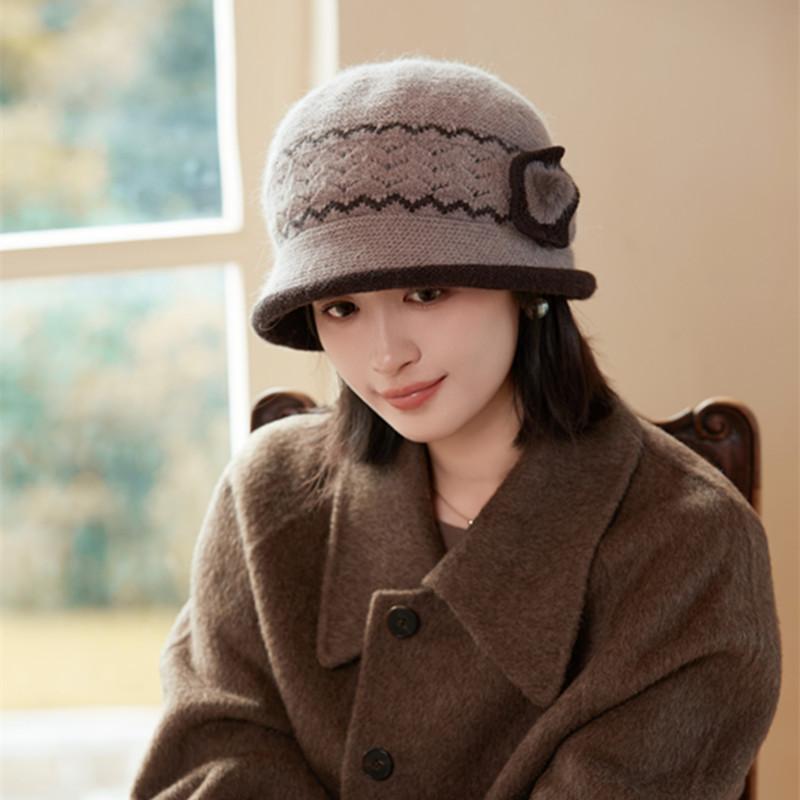 Rabbit wool knitted bucket hat temperament fleece basin hat middle elderly mother elegant warm wool hat