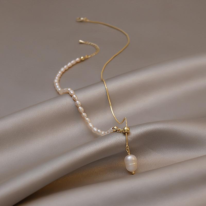 Women's Freshwater Pearl Y-Shaped Clavicle Necklace with Adjustable Sliding Buckle