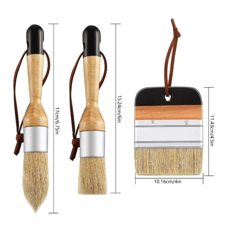Set of 3 Pig Hair Round Brushes Natural Bristle for Wall, Cabinets and Fences Soft Pig Hair Art Painting Brushes