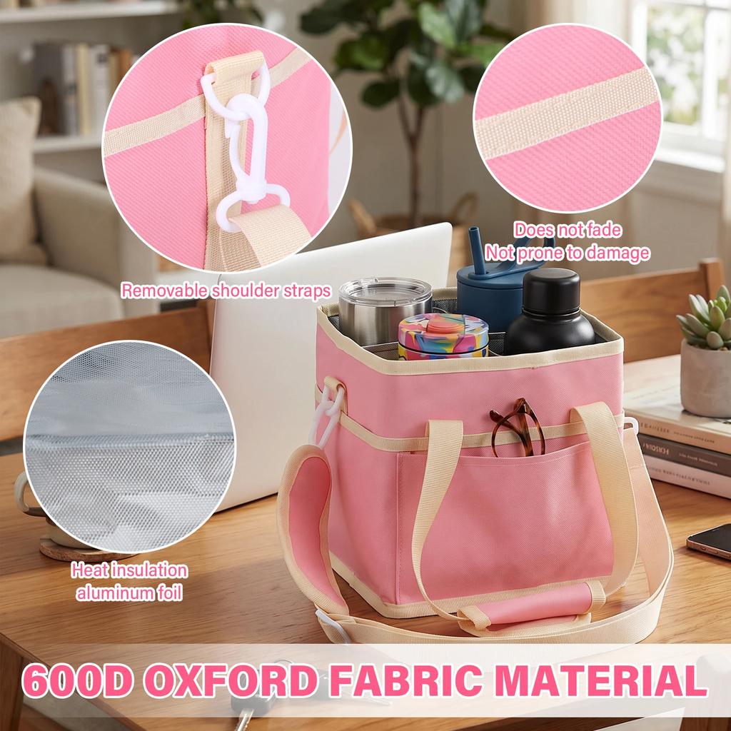 4 Cup Insulated Bag 600D Oxford Cloth Beverage Tote Bag with Front Pocket & Detachable Shoulder Strap Water Bottle Mug Tote Bag