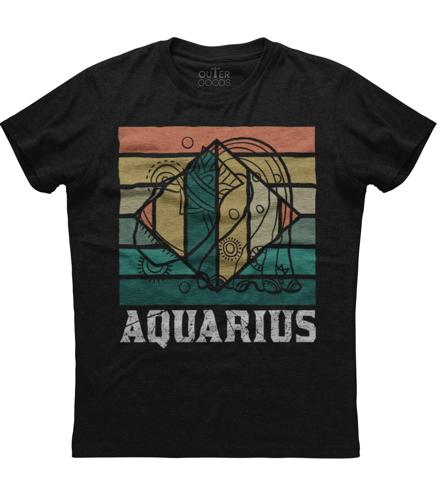 Aquarius Zodiac Sign Vintage Design Mens Short Sleeve Cotton Black T-shirt 4XL