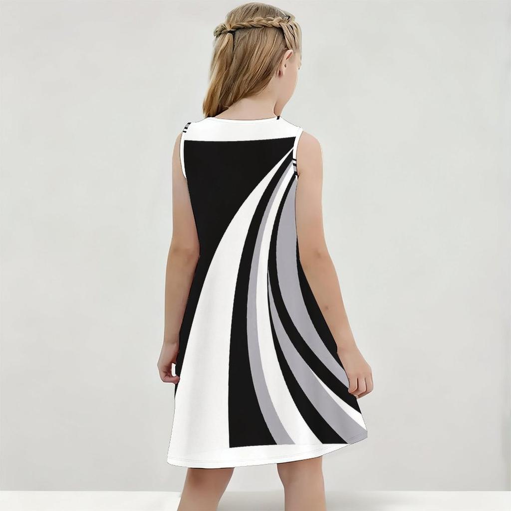 Girls Sleeveless Round Neck Black White Gray Geometric Printed A Line Flared Dress