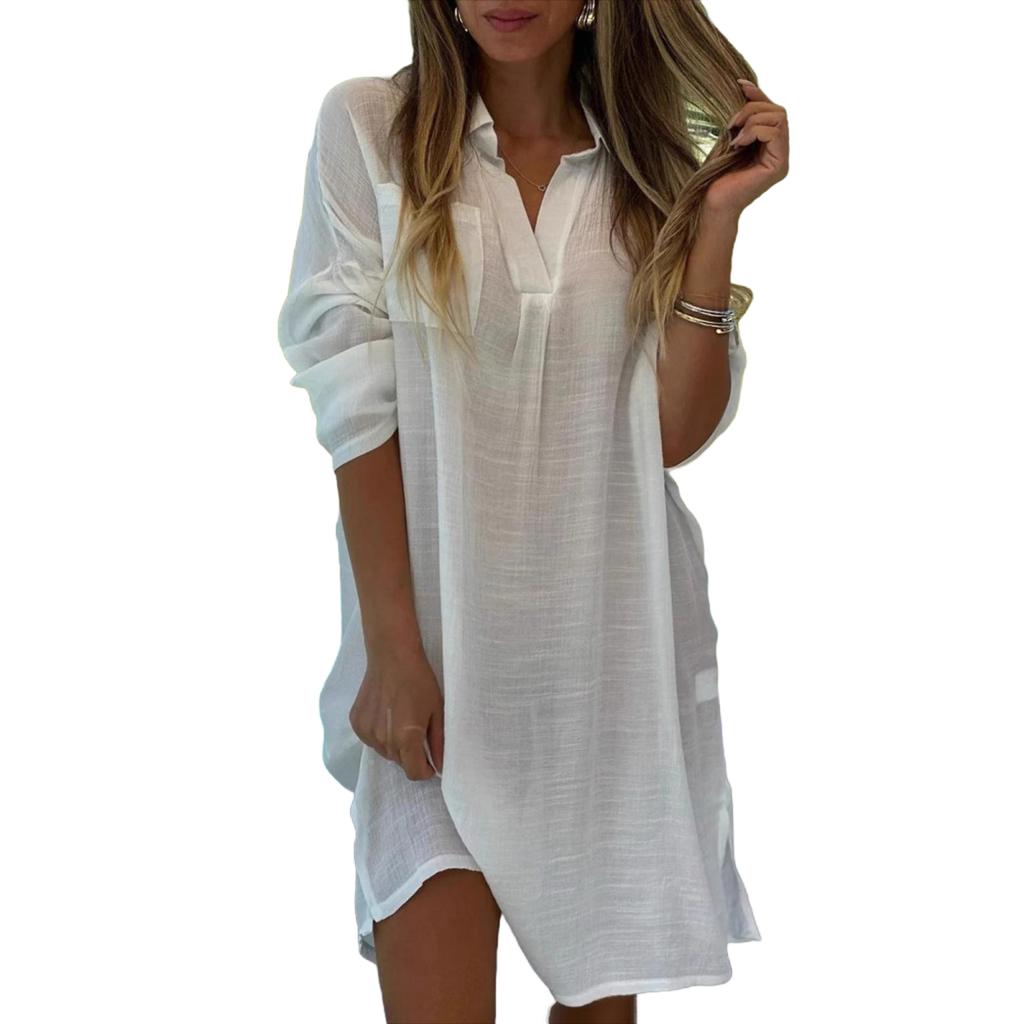 Yousheng Lady Beach Shirt Dress with Cufflinks Thin Loose Side Slit Midi Dress Turn-down Collar Long Sleeve Dress for Vacation Daily Wear
