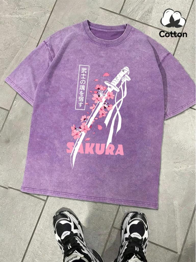 Japanese Katana Sakura Prints Washed TShirts Mens Oversized Cotton T Shirt Summer ONeck Short Sleeve Tops Casual Male Clothes