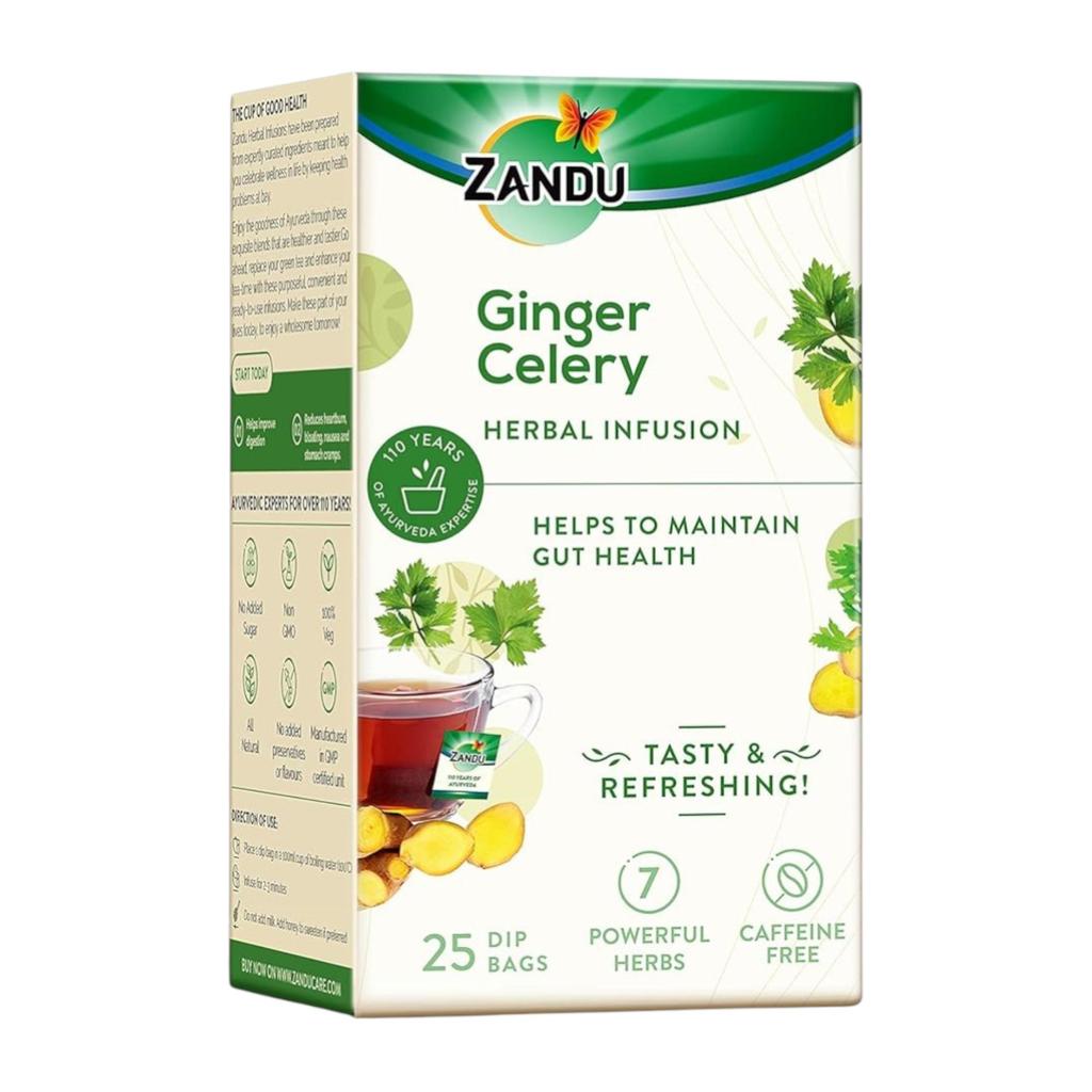 Zandu Ginger Celery Herbal Infusion Tea Bags 25 Pack Ayurvedic Digestive Wellness Tea for Relaxation