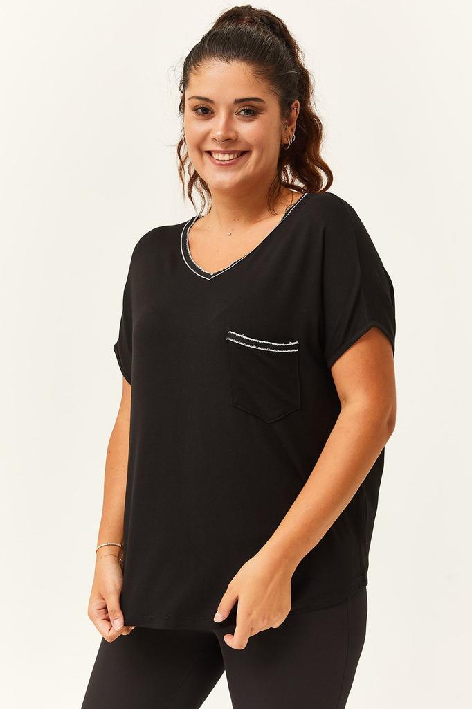 Damen Bluse in Übergröße V-Ausschnitt Schwarze Bluse mit silbernen Streifen an Kragen und Taschen