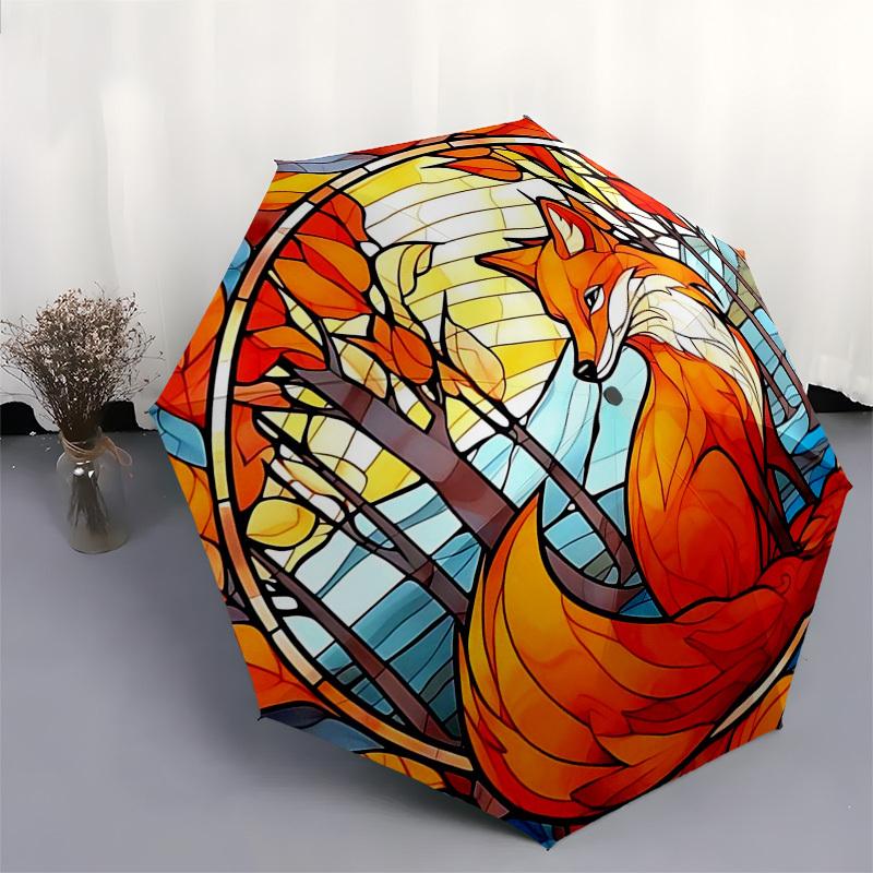 1 Stück Herbstfuchs Buntglas Automatisches Öffnen und Schließen Regenschirm, Tragbares Dreifach faltbares Design mit 8-Rippen-Eisenrahmen, Outdoor-Regenschirm, Ideales Geschenk für Fans, Reise