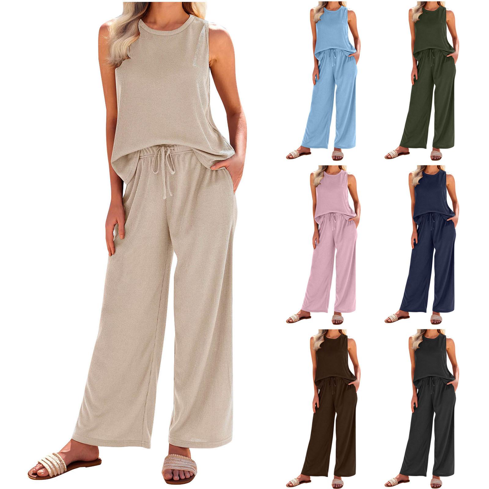 

Women s Sleeveless Beige Top with Wide Leg Drawstring Pants Set, Casual Summer Outfit in Multiple Colors S
