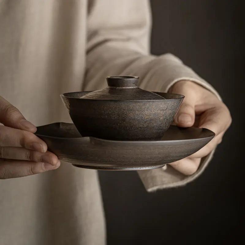 140ml Retro Rust Glaze Ceramic Tea Tureen Chinese Tea Maker Non-hot Gaiwan Handmade Coarse Pottery Tea Bowl Creative Teaware Set