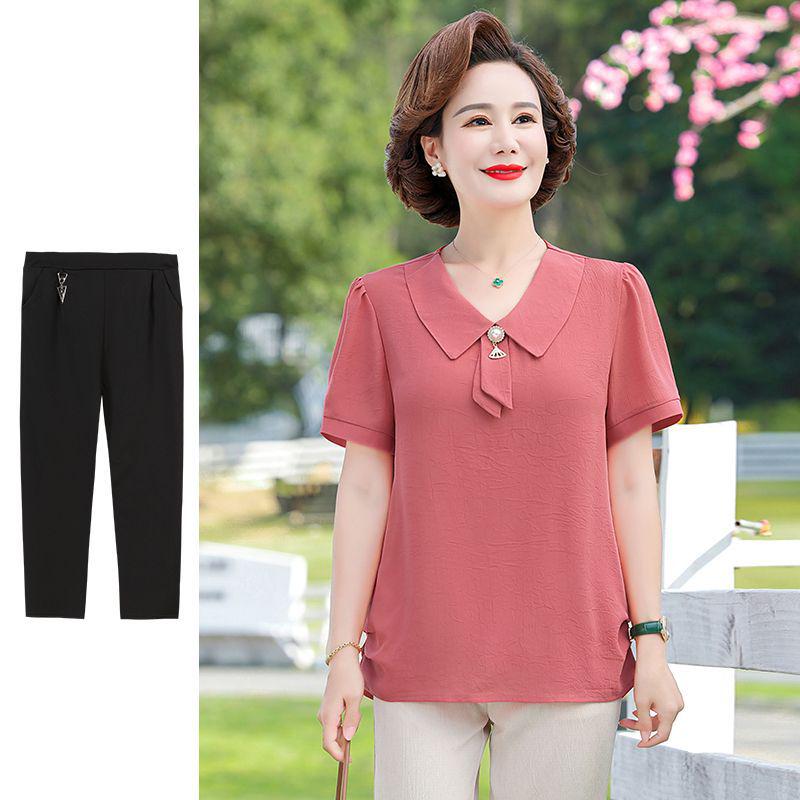 Mom's Stylish Summer Two-Piece Set: Chiffon Top & Short Sleeve T-Shirt for Middle-Aged Women