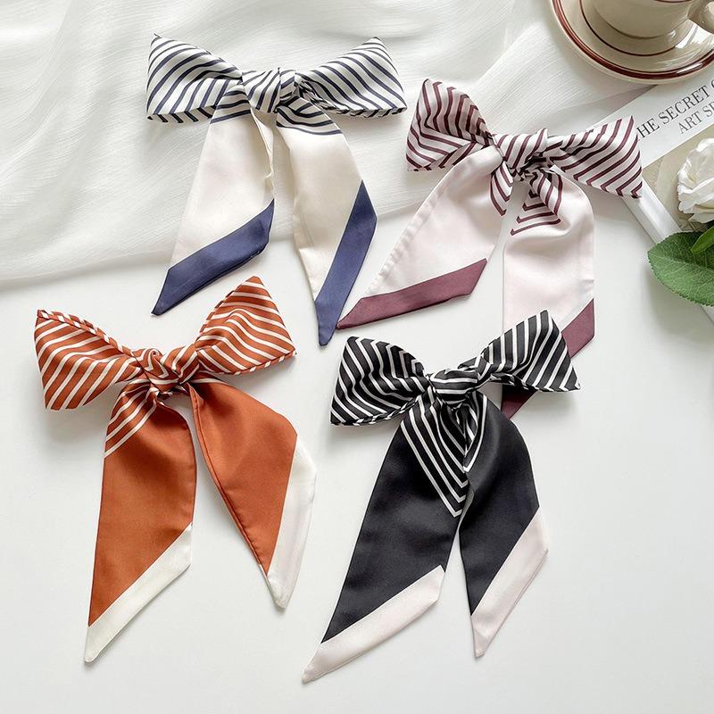 Striped long silk scarf, high-end sense fashion commuting versatile professional small scarf decoration hair tie bag streamer