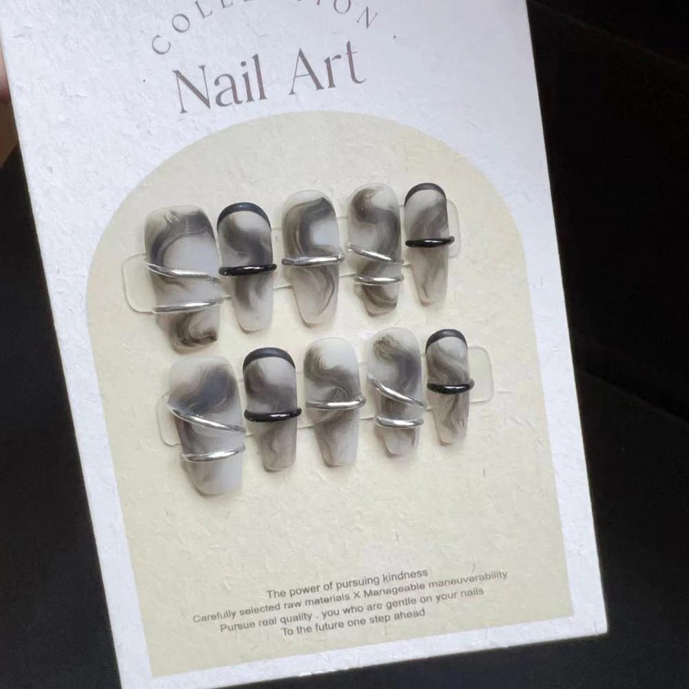 10Pcs Handmade French Gradient Cat Eye Press On Nails With 3D Butterfly Diamond Flowers Long Coffin Almond Shape