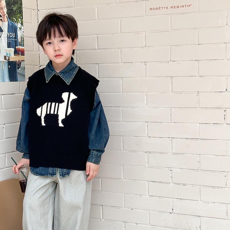 

Amo Beibei 2025 Весна Детский Кашемировый Жилет Щенок Свитер - Мальчики и Девочки Контрастные Цвета Модный Трикотаж 100 чёрный