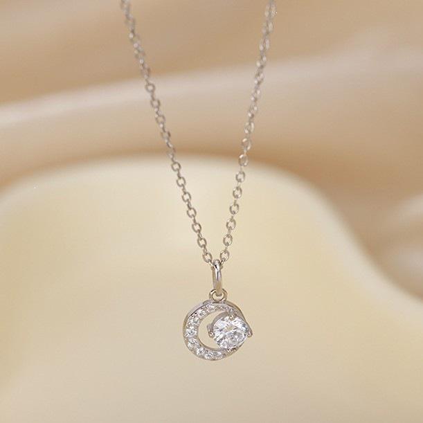 925 Sterling Silber Stern und Mond Anhänger Halskette für Damen – Elegant, Trendiger Sommerstil mit Diamant Schlüsselbein Kette