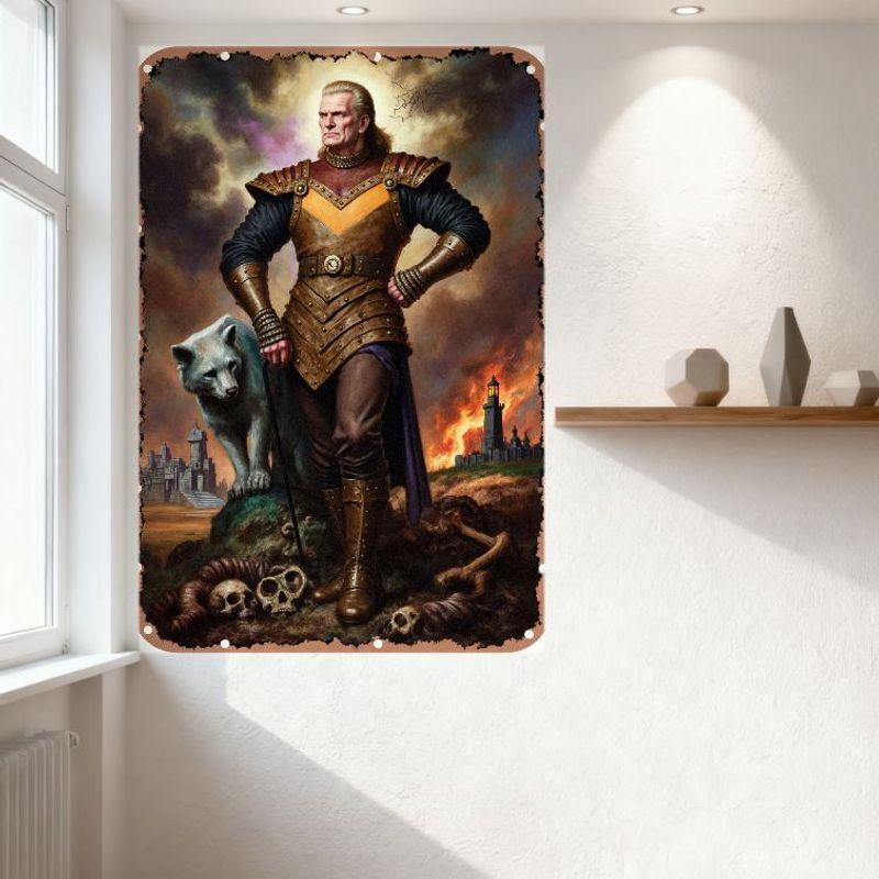 Medieval Dark Fantasy Warrior with Dire Wolf Metal Tin Sign, Vintage Castle Fire Skull Bone Battle Scene Poster for Home Bar Man