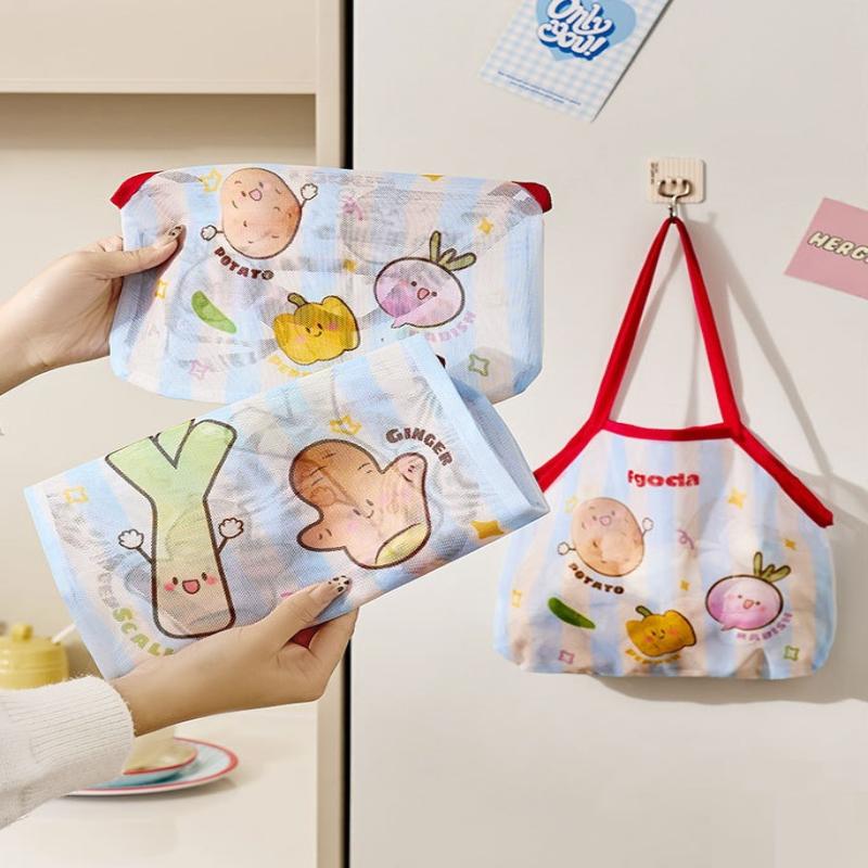 Wall-Mounted Kitchen Hanging Bag Cartoon Large Capacity Mesh Bags Hollow Breathable Vegetable Storage Bag