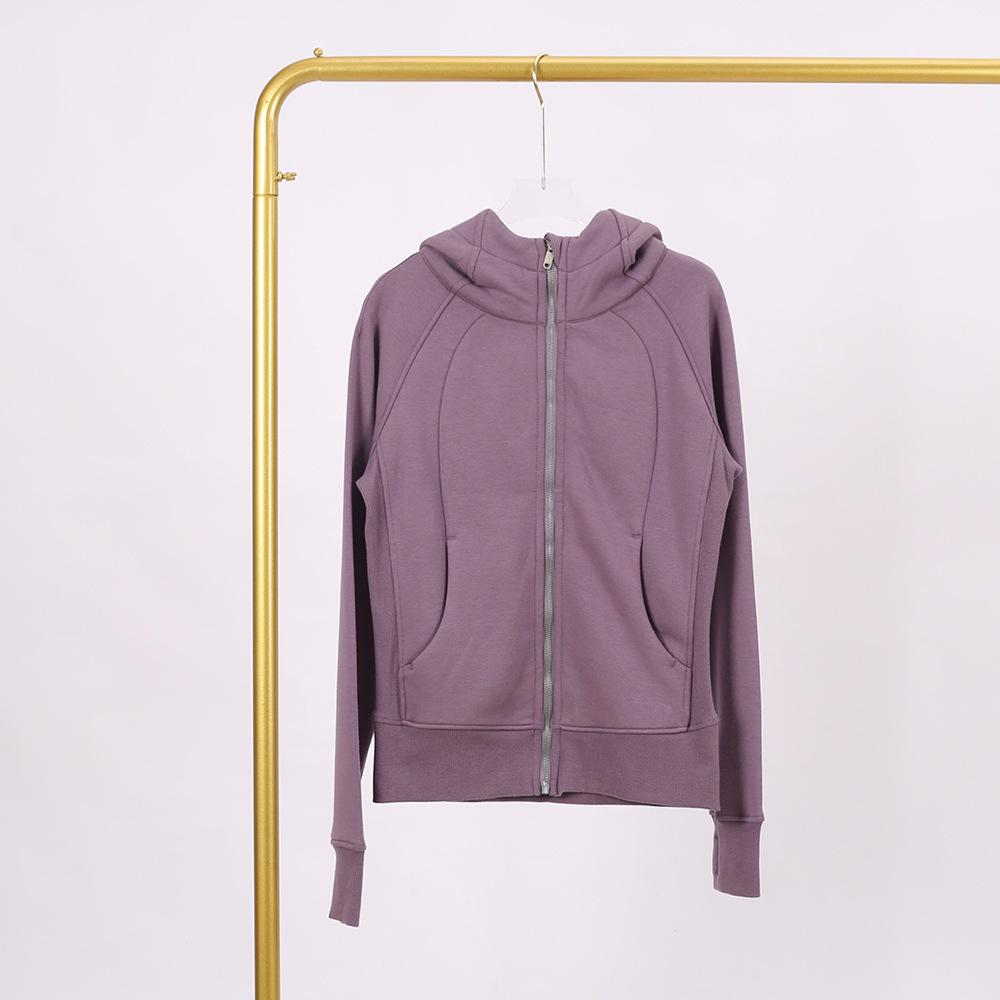 LULU Embossed Slim Fit Full Zip Fleece Hoodie - Gold Logo & Zipper, Casual Yoga Wear.