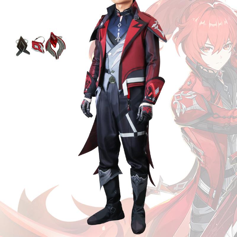 New Game Diluc New Costume Full Set Red Coat Pants Unisex Adult Game Cosplay Costume Halloween Party Unifrom Wig