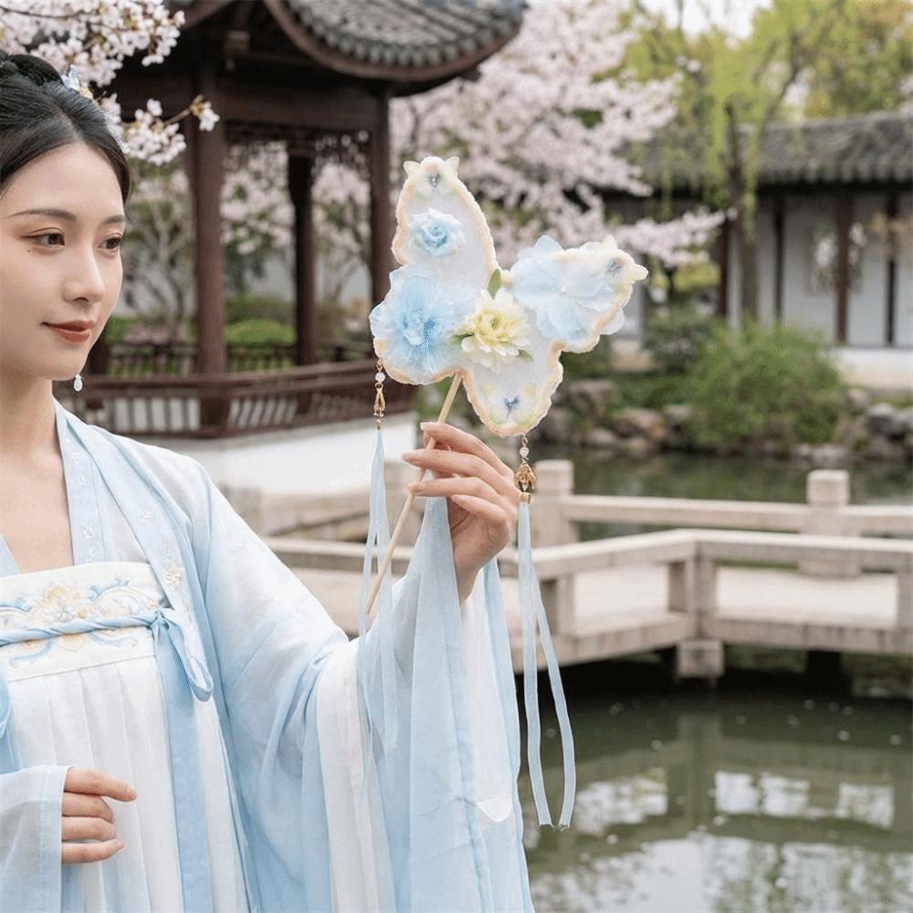 Long Handled Chinese Style Fan Handmade Dance Fan Ancient Flower Fan Artistic Performance