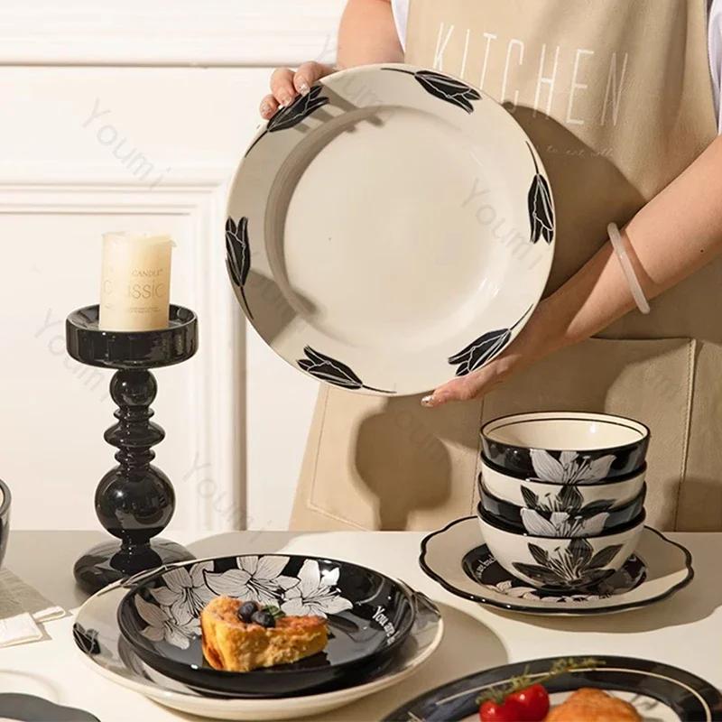 Retro Flowers Ceramic Plate Light Luxury Restaurant Steak Plate Afternoon Tea Dessert Fruit Plates Exquisite Black Tableware