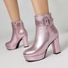 Metallic Red Gold Platform Ankle Boots Women High Chunky Heels Silver Pink Party Dress Lady Winter Plush Punk Buckle Short Boots