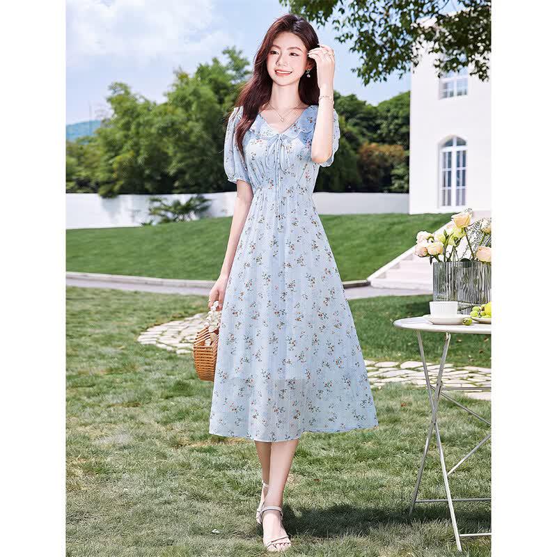 French Elegant Ruffle Tie-Waist V-Neck Printed Midi Dress