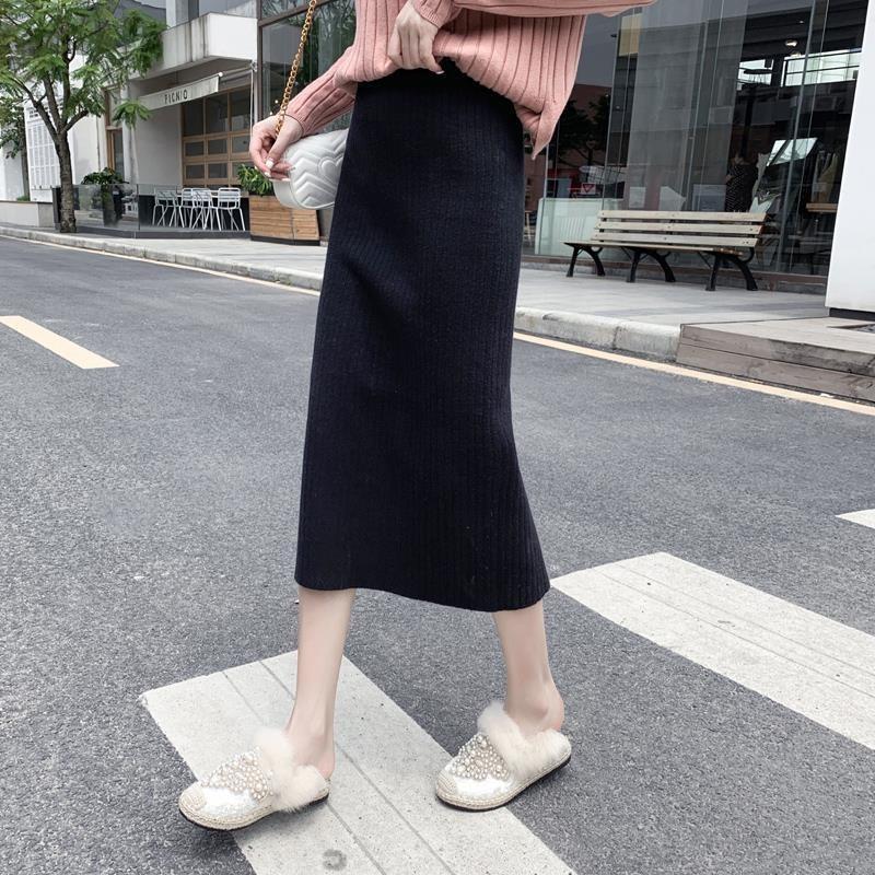 Autumn Winter Women's Knitted Half Skirt High Waist Midi Wool Versatile Split Bodycon Long Skirt to Match Sweaters