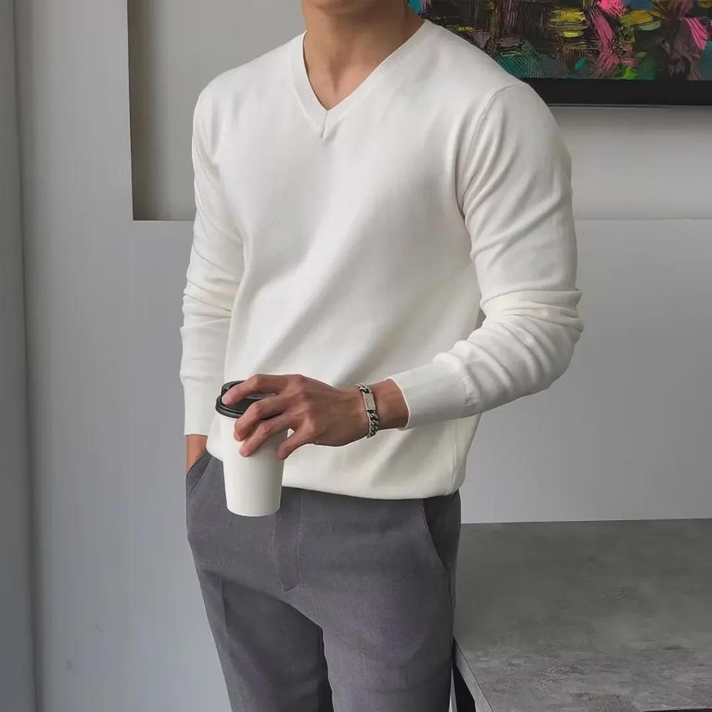 Herrtröja med V-hals i enfärgat: Trendig koreansk och Hongkong-stil, Vår/Höst Casual, Stilfull, Mångsidig, Lösstickad