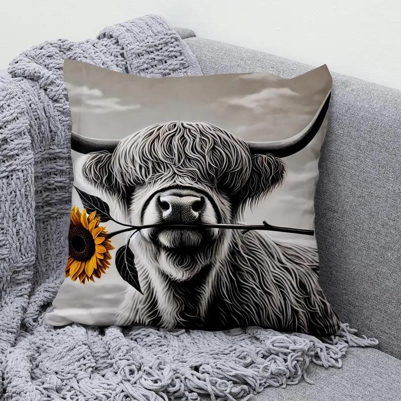 VIKAMA Highland Bovine Pillowcase Invisible Zipper Washable Pillowcase Living Room Sofa Cushion Cover Home Decor