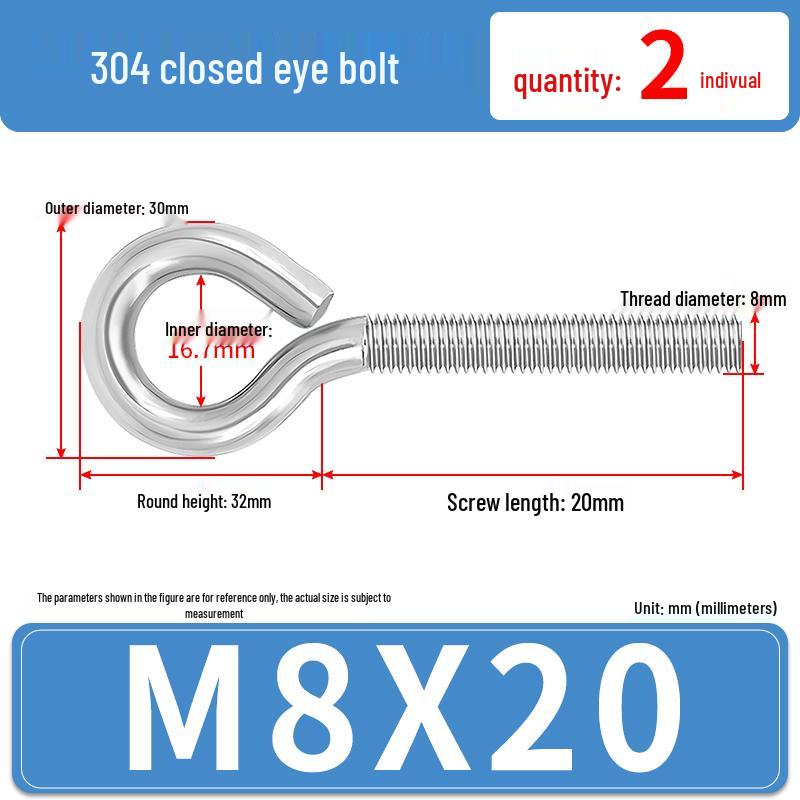 304 Stainless Steel Eyebolt with Ring Hook – Machine Thread Closed Eye Bolt (M4 M5 M6 M8)