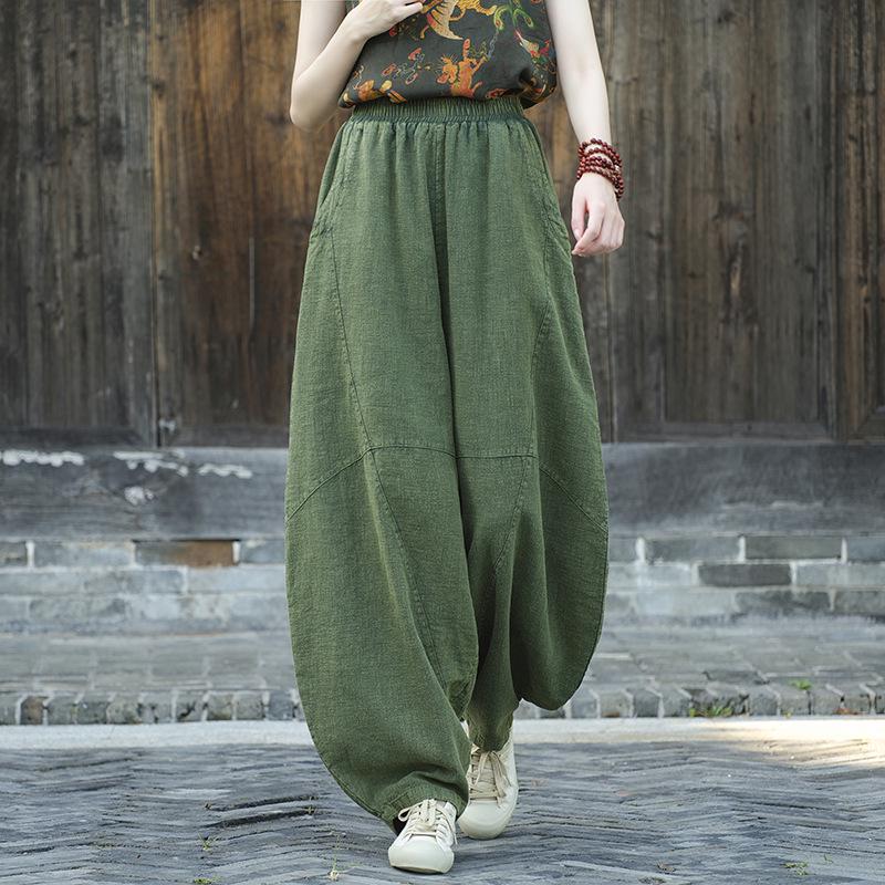 Women's Retro Ramie Sand-Washed Distressed Loose Lantern Pants for Meditation and Tai Chi