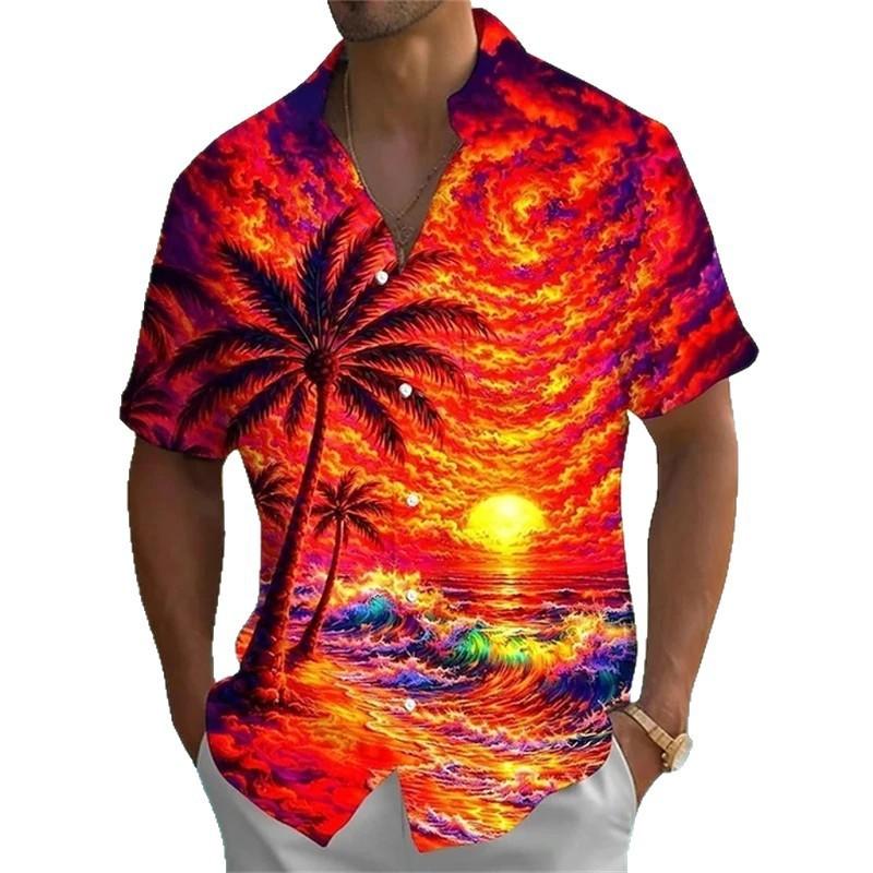 Men's Tropical Flower Palm Leaf Summer Hawaiian Shirt Button Short Sleeve Trendy Resort Shirt