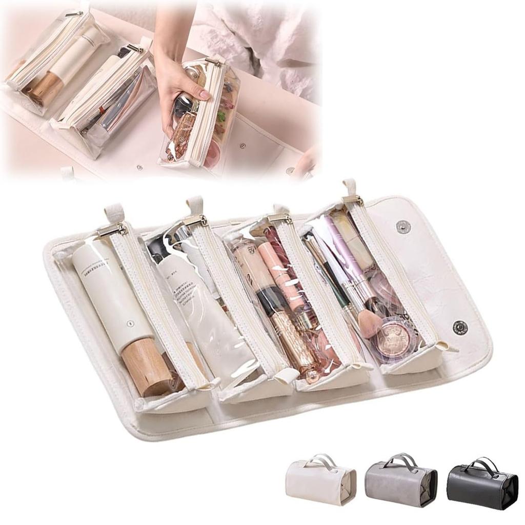 Travel Toiletry Bag 4 Detachable Clear Multi Compartment Hanging Makeup Bag Leather 4 In 1 Roll Up Large Capacity Compact Foldable Cosmetic Bag