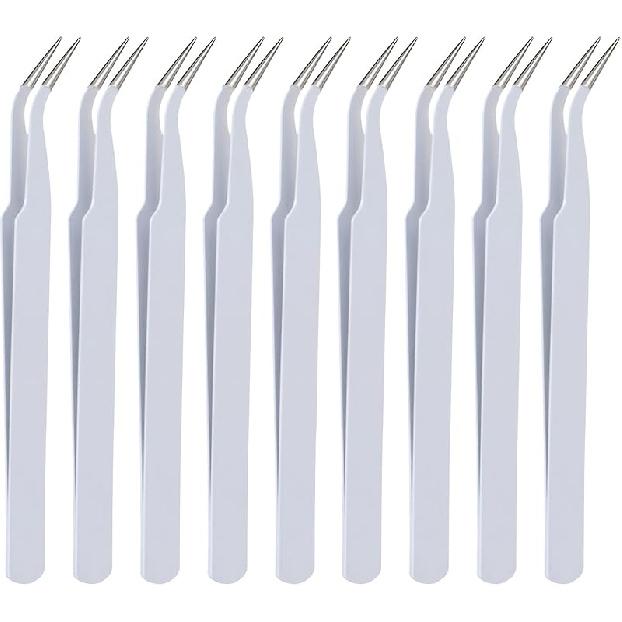 9 Pieces White Precision Tweezer with Protective Cover, Curved Pointed Craft Tweezers Stainless Steel Multipurpose Tweezer for Scrapbooking Stickers