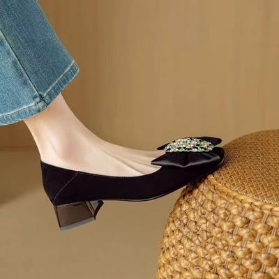 Fashion French Water Diamond Bow Square Toe Thick-cut Single Shoe for Women In Spring 2025, Shallow and Versatile