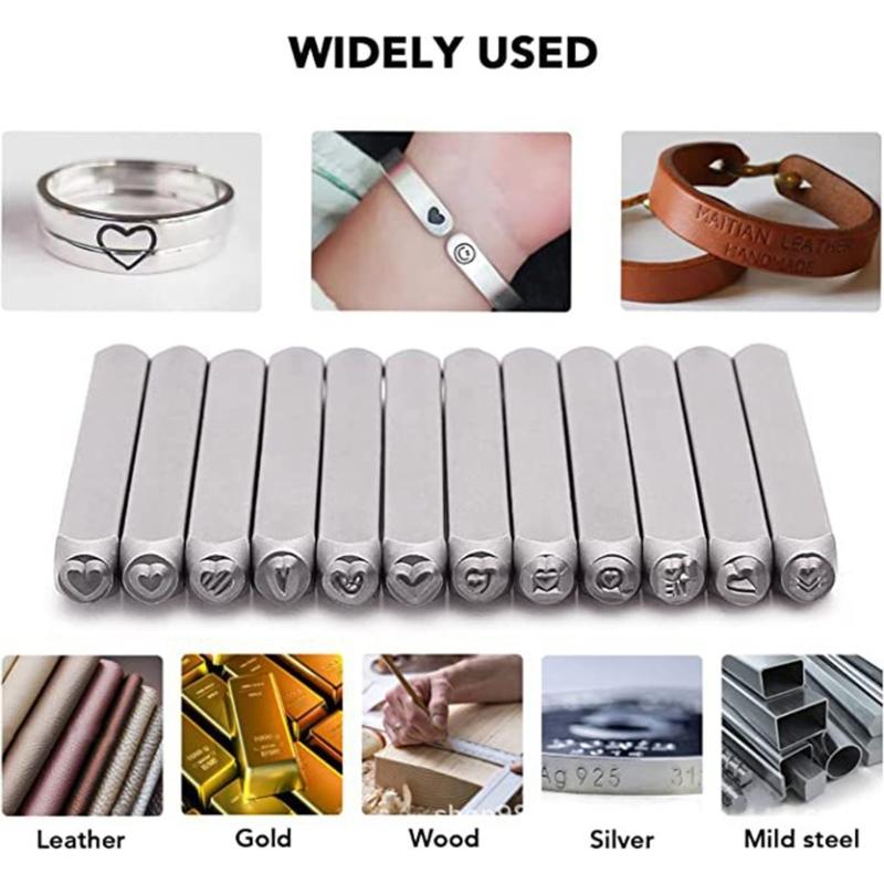 12-teiliges Metallstempel-Prägestempel-Set 1/8'' (3mm) Herz- und Tierstempel-Set Stempelwerkzeug zum Prägen von Metall, Leder, Holz