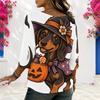 Women Plus Size White Round Neck Half Sleeve Loose Fit Halloween Dachshund Printed Blouse