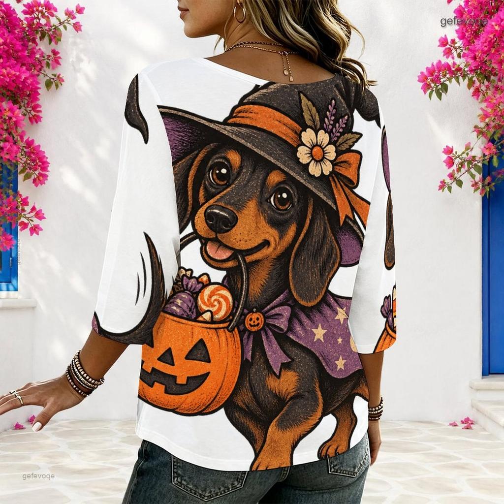 Women Plus Size White Round Neck Half Sleeve Loose Fit Halloween Dachshund Printed Blouse