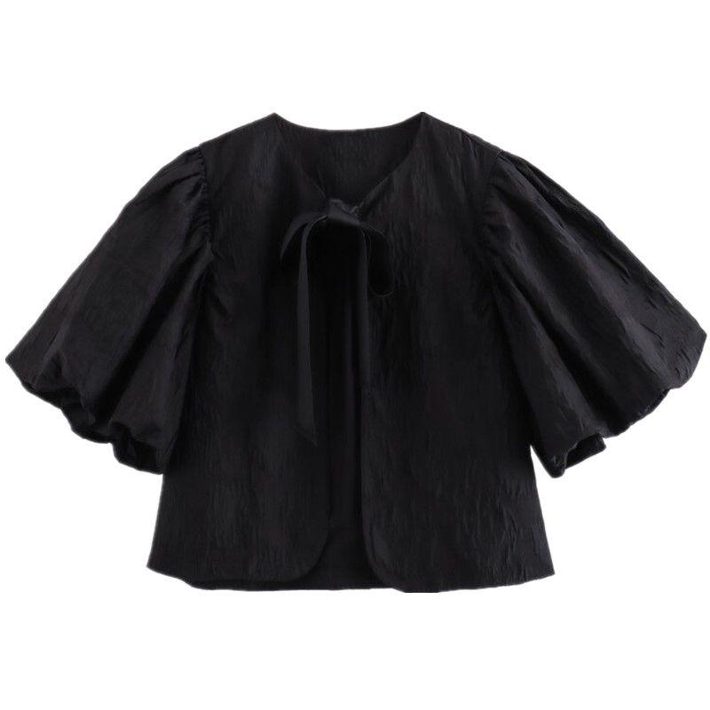 

Fashion Style 2024 Summer New Arrival Women s Wrinkle Feeling Fashion Plaid Lantern Short Sleeve round Neck Top 1233484 Black L