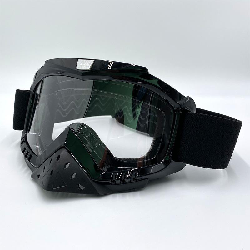 Motorcycle goggles with small nose guard, shiny black frame, non-slip velvet elastic strap, sports windproof and sun protection goggles
