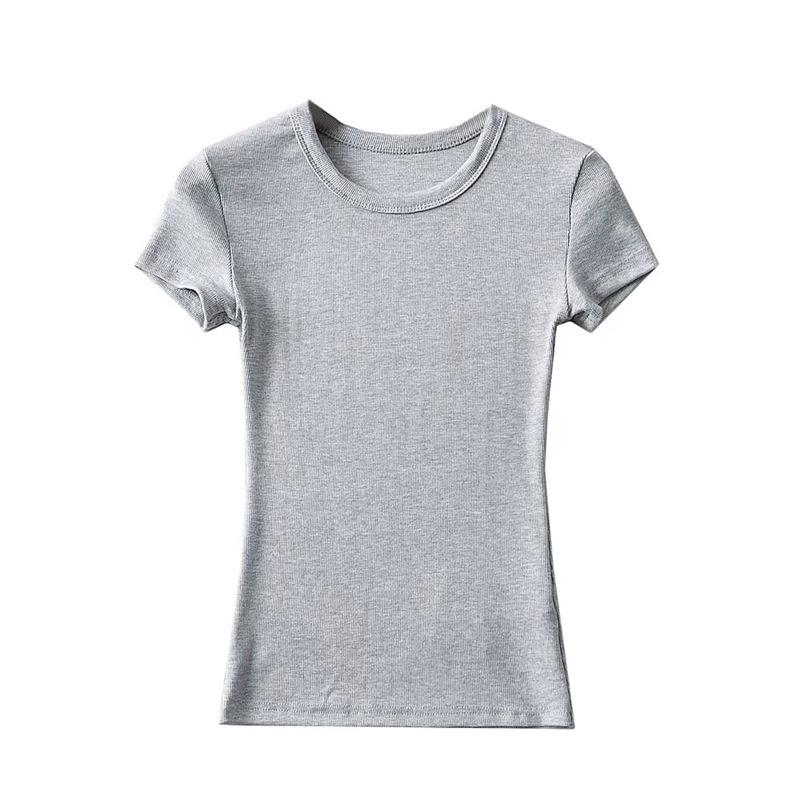 YPFF Summer Women's Solid Color Elastic Thread Basic Short-Sleeve Round Neck Top