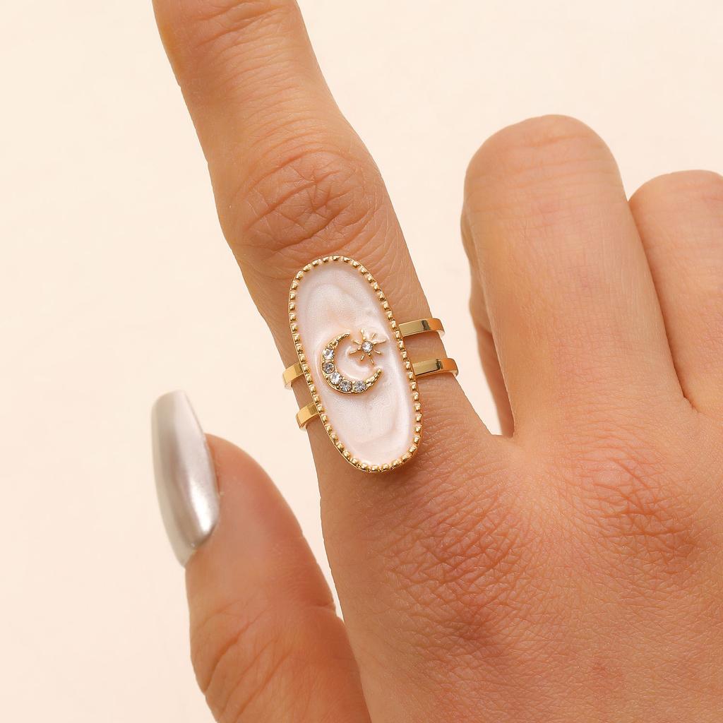 Minimalist Geometric Oval Cross Star Moon Heart Open Enamel Ring Fashion Women Finger Band