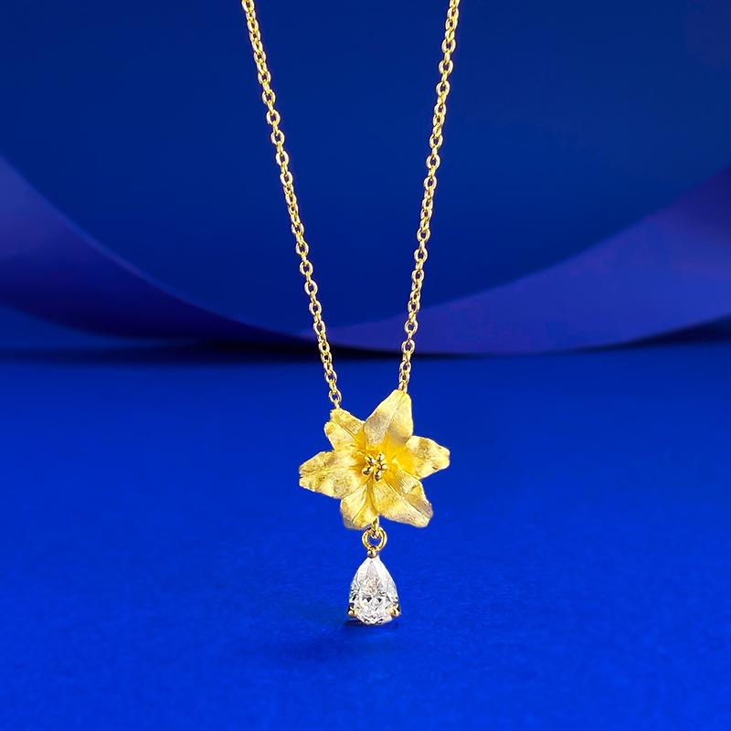 Xian Can Jewelry S925 Silver Water Drop Golden Lily Necklace 2025 - Elegant Brushed Finish S925 Silver