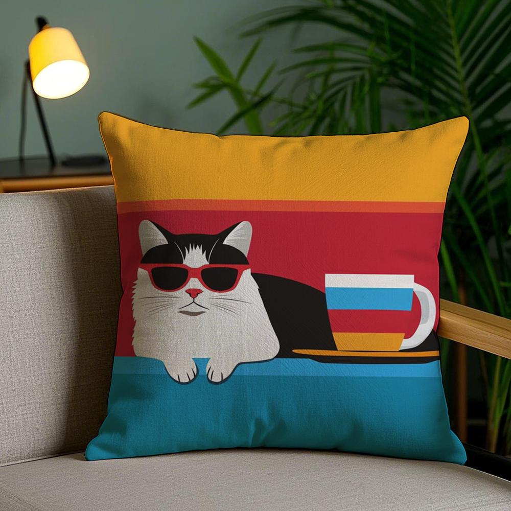 Bop Style Coffee Cats Cushion Cover Plush Fabric Soft Double-Sided Printed Invisible Zipper Sofa Pillow Case Home Decor