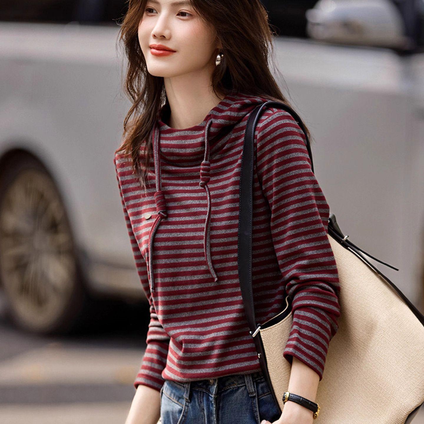 Women s Artistic Striped Hooded Long Sleeve Casual Pullover 4XL