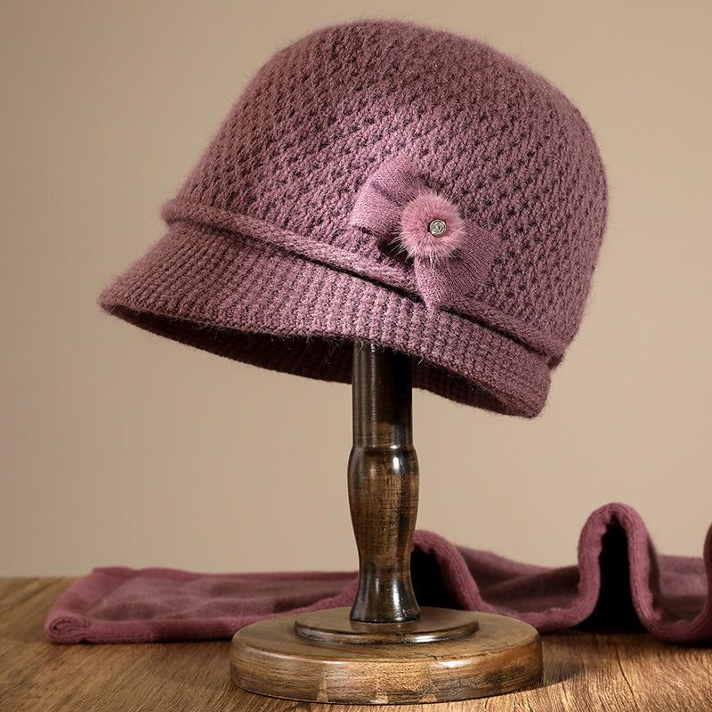 Middle-aged rabbit fur knitted hat Winter mother-in-law versatile wool hat Fleece thickened old lady thermal hat