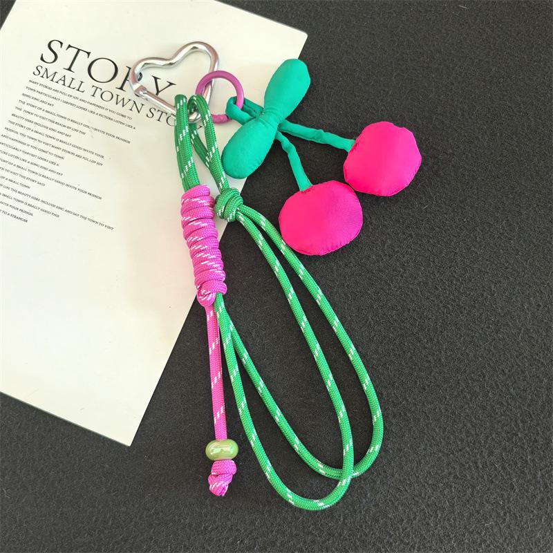 Fabric Cherry Detachable Heart-Shaped Beaded Keychain Mobile Phone Chain Anti-Loss Lanyard