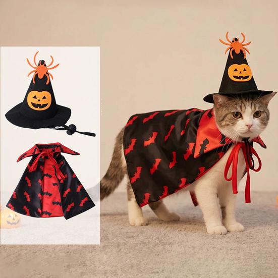 Huaqianguhh 1 Set Pet Halloween Costume, Spider Pumpkin Wizard Hat And Double-Sided Bat Print Cape, Holiday Party Outfit for Cats Dogs